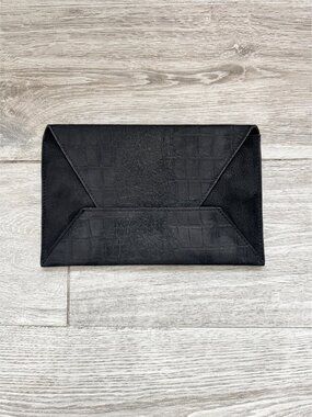 EUC Barneys New York Jill Nubuck Leather Croc Embossed Black Envelope Clutch